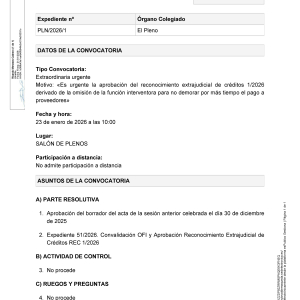 Convocatoria a Pleno sesión extraordinaria urgente, viernes 23 de enero